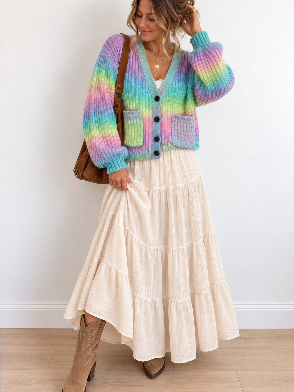 NWT Pastel Rainbow Ribbed Chunky Cardigan Sweater Large